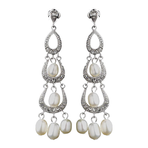 Antique Silver Freshwater Pearl & Clear CZ Crystal Bridal Wedding Earrings 8926