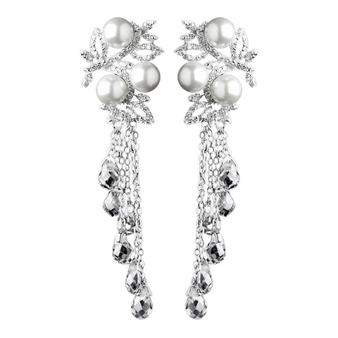 Silver White Pearl & Clear Crystal Bead Dangle Bridal Wedding Earrings 9004