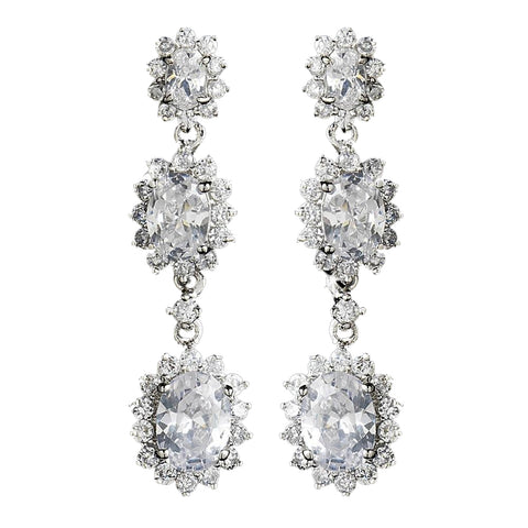 Antique Silver Clear Cubic Zirconia Triple Oval Drop Bridal Wedding Earrings 9044
