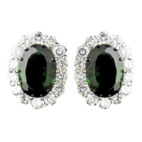 Antique Silver Emerald Green CZ Crystal Stud Bridal Wedding Earrings 9085