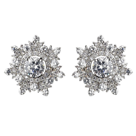Rhodium Clear CZ Crystal Round Snowflake Stud Bridal Wedding Earrings 9209