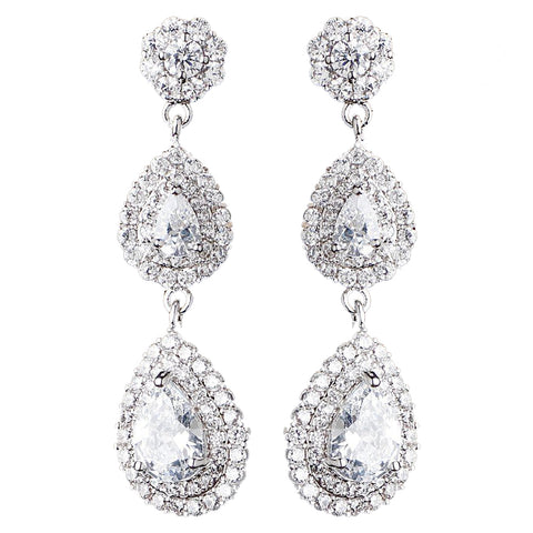Rhodium Clear Double Teardrop CZ Dangle Bridal Wedding Earrings 9216