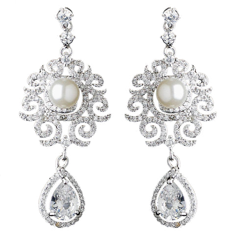 Rhodium Diamond White Pearl & Teardrop CZ Dangle Swirl Bridal Wedding Earrings 9217