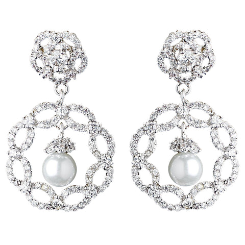 Rhodium Diamond White Pearl & CZ Drop Bridal Wedding Earrings 9218