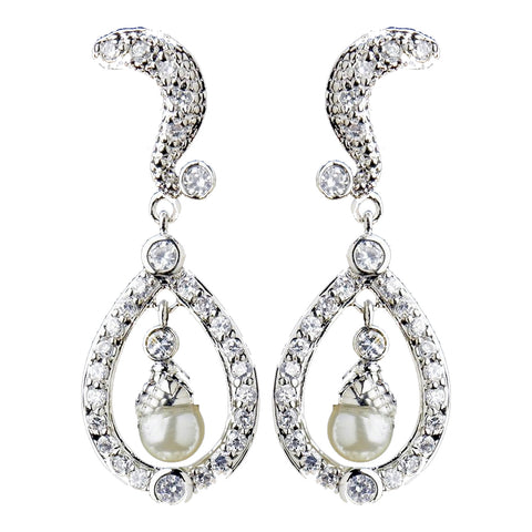 Silver Diamond White Pearl & CZ Crystal Kate Middleton Bridal Wedding Earrings 9255