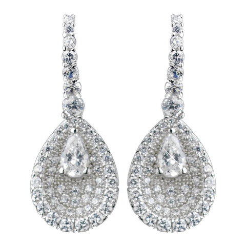 Solid 925 Sterling Silver Clear CZ Crystal Teardrop Center Bridal Wedding Earrings 9261