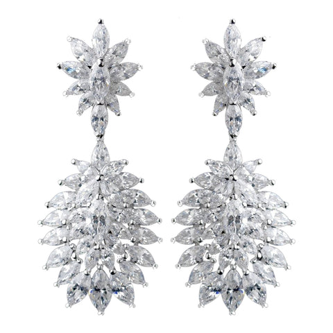 Solid 925 Sterling Silver Clear CZ Crystal Leaf Burst Bridal Wedding Earrings 9262