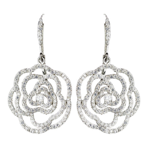 Rhodium Clear CZ Crystal Clear Rose Leverback Drop Bridal Wedding Earrings 9416