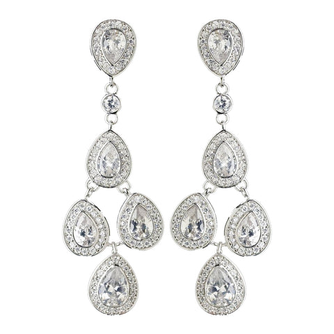 Rhodium Clear Teardrop CZ Crystal Chandelier Bridal Wedding Earrings 9418