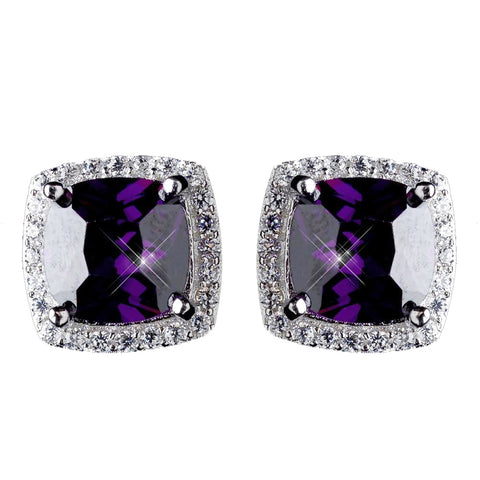 11mm Sterling Silver Princess Amethyst CZ Crystal Stud Bridal Wedding Earrings
