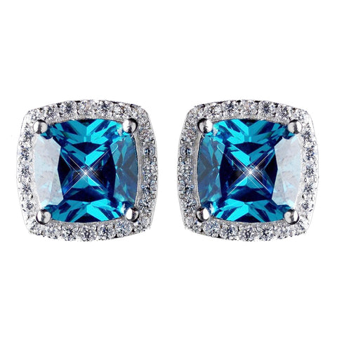 11mm Sterling Silver Princess Aqua CZ Crystal Stud Bridal Wedding Earrings