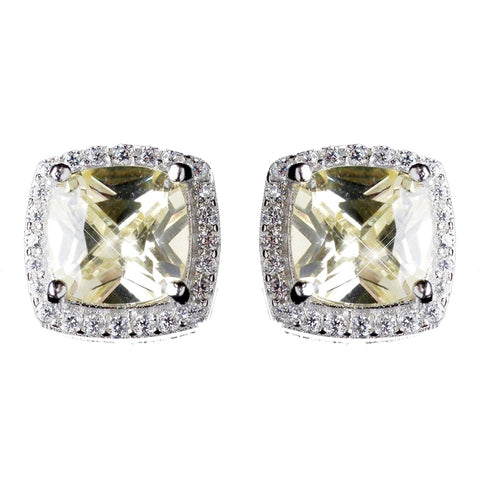 11mm Sterling Silver Princess Light Yellow Topaz CZ Crystal Stud Bridal Wedding Earrings