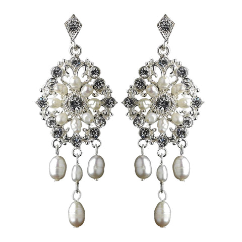 Silver Ivory Freshwater Pearl Chandelier Bridal Wedding Earrings 9684