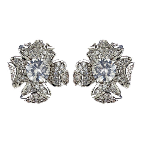 Rhodium Clear Pave CZ Crystal Flower Stud Bridal Wedding Earrings 9721