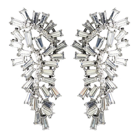 Rhodium Clear CZ Crystal Baguette Drop Bridal Wedding Earrings 9724