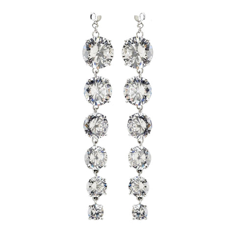 Rhodium Clear Long CZ Crystal Dangle Bridal Wedding Earrings