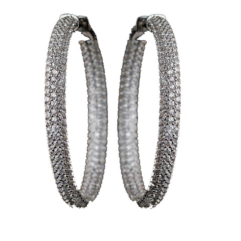 Rhodium Clear 3 Row CZ Crystal Pave Hoop Bridal Wedding Earrings