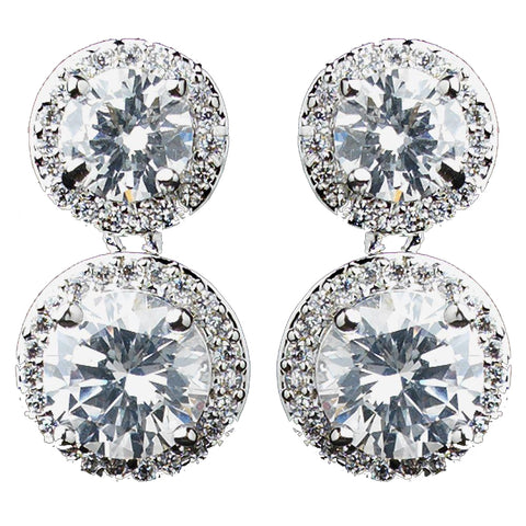 Rhodium Clear Double Pave Round CZ Drop Bridal Wedding Earrings 9730