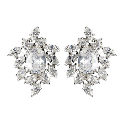 Rhodium Clear Oval & Marquise CZ Crystal Cluster Stud Bridal Wedding Earrings 9731