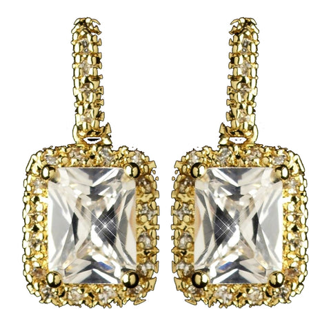 Gold Clear Radiant Emerald Cut CZ Crystal Drop Bridal Wedding Earrings 9744