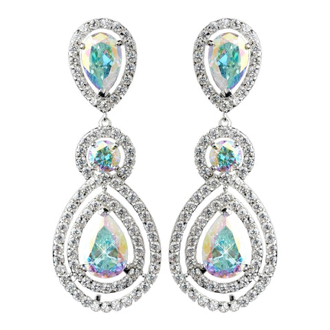 Rhodium AB Teardrop & Round CZ Dangle Bridal Wedding Earrings