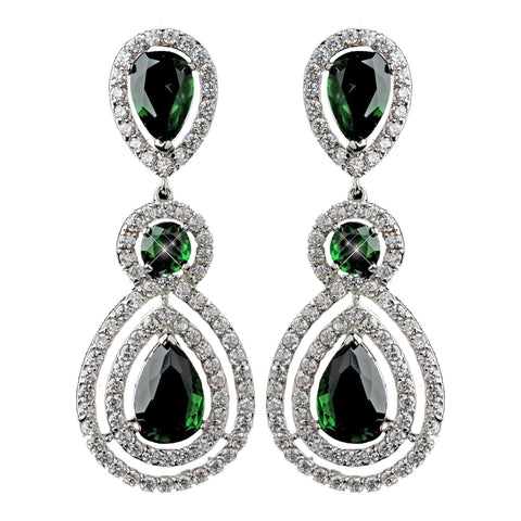 Rhodium Emerald Teardrop & Round CZ Dangle Bridal Wedding Earrings
