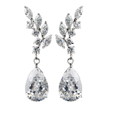 Rhodium Clear Teardrop CZ Drop Bridal Wedding Earrings
