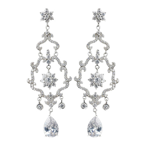 Rhodium Clear Teardrop CZ Flower Chandelier Bridal Wedding Earrings
