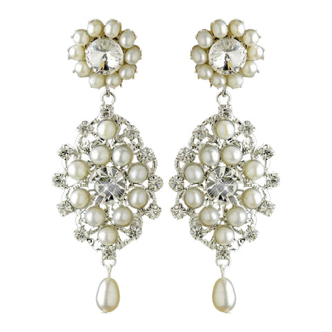 Antique Rhodium Silver Clear Rhinestone & Freshwater Pearl Accent Drop Bridal Wedding Earrings 9862