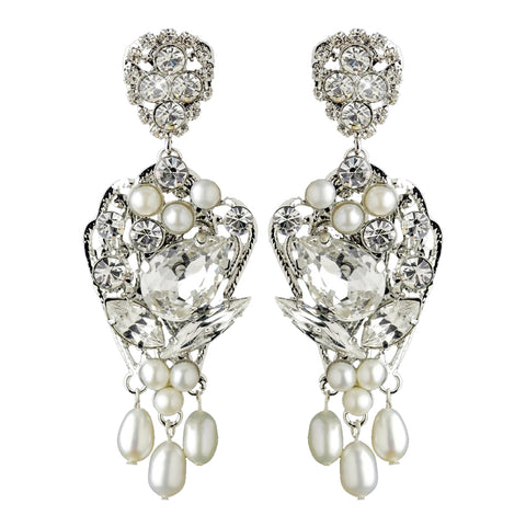 Antique Rhodium Silver Clear Rhinestone & Freshwater Pearl Accent Drop Bridal Wedding Earrings 9864
