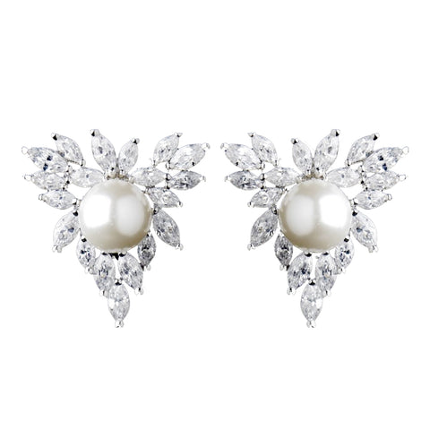 Antique Silver CZ Crystal Marquise & Diamond White Pearl Bridal Wedding Earrings 9967