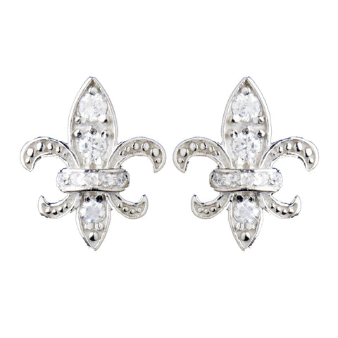 Solid 925 Sterling Silver CZ Crystal Fleur De Lis Stud Bridal Wedding Earrings 9991