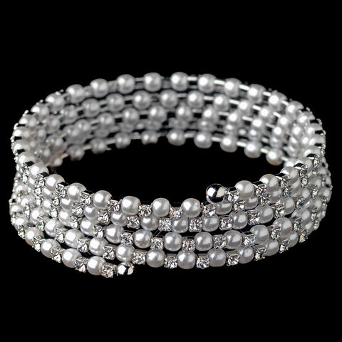 Rhodium Rhinestone & White Pearl 5 Row Coil Stretch Bridal Wedding Bracelet 1425