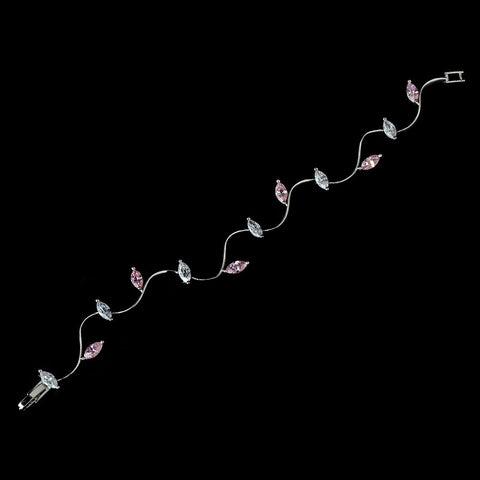 * Lovely Silver Wavy Vine Bridal Wedding Bracelet w/ Clear & Pink Cubic Zirconia 3522