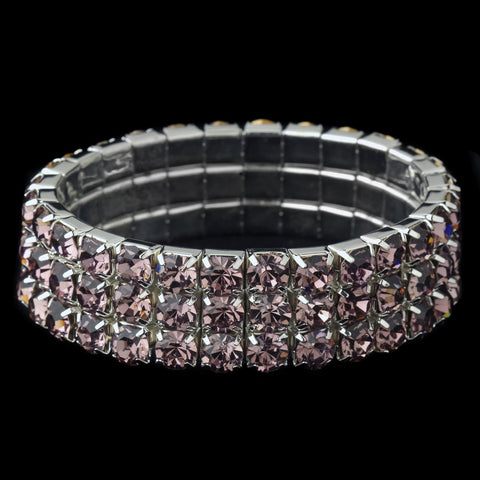 Triple Row Light Amethyst Covered Stretch Bridal Wedding Bracelet in Silver 4153