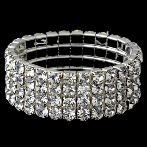 Four Row Rhinestone Covered Stretch Bridal Wedding Bracelet in Silver 4154