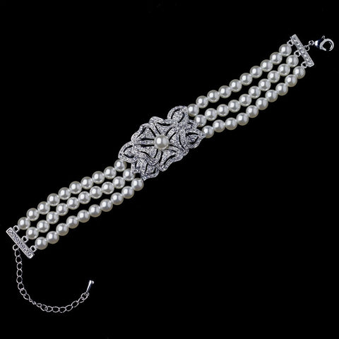 Rhodium Ivory Pearl & Rhinestone Multi Strand Bridal Wedding Bracelet 76011
