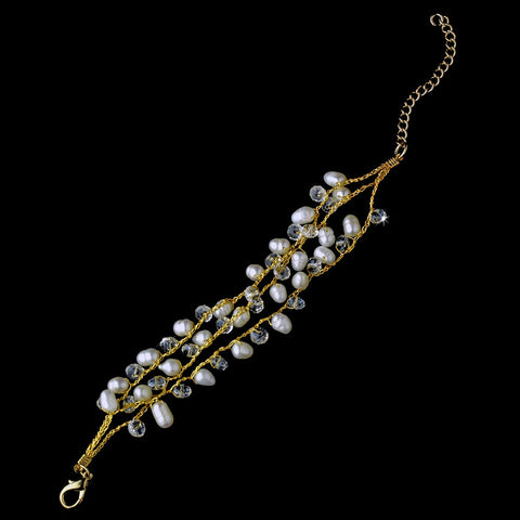 Gold Silk White Pearl Clear Crystal Bridal Wedding Bracelet 7829