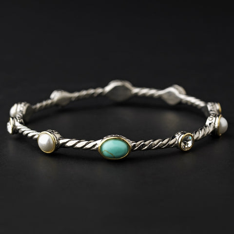 Silver Aquamarine Pearl Clear with Gold Trim Bridal Wedding Bracelet 7972
