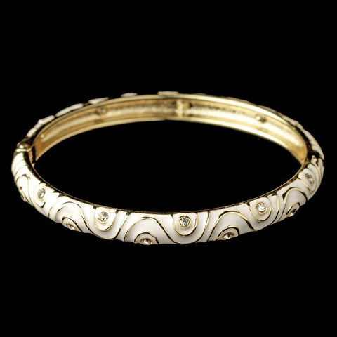 Gold White Enamel Swirl & Rhinestone Bangle Bridal Wedding Bracelet 82063