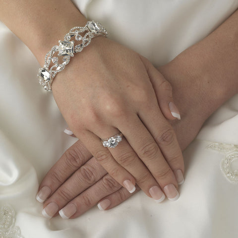 Classy Antique Silver Clear Bangle Bridal Wedding Bracelet 8388