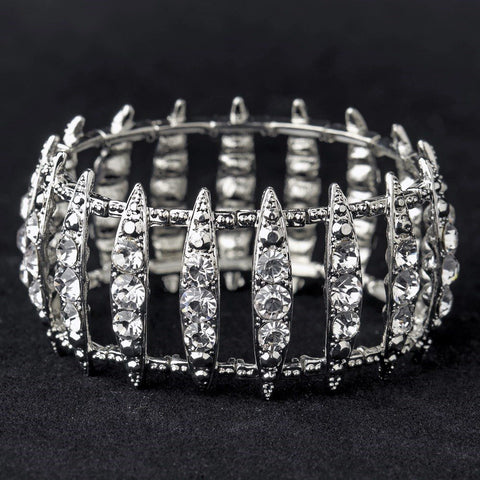 Antique Silver Clear Crystal Bridal Wedding Stretch Cuff Bridal Wedding Bracelet 8690