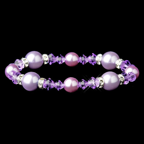 Silver Light Amethyst Pearl & Swarovski Crystal Bead Bridal Wedding Stretch Bridal Wedding Bracelet 8740