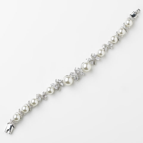 Cubic Zirconia Butterfly & Ivory Pearl Tennis Bridal Wedding Bracelet in Silver 8765