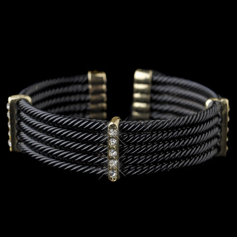 Gold Black Rhinestone Coiled Designer Inspired Open Cuff Bangle Bridal Wedding Bracelet 8865