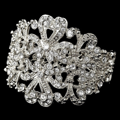 Ornate Antique Silver Clear Bridal Wedding Bracelet B 910