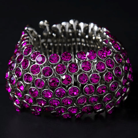 * Captivating Silver Fuchsia Rhinestone Stretch Cuff Bridal Wedding Bracelet B 916