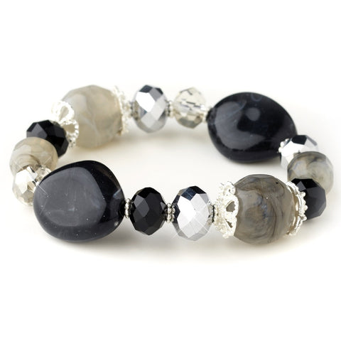 Silver Black Faceted Glass Stretch Bridal Wedding Bracelet 9508