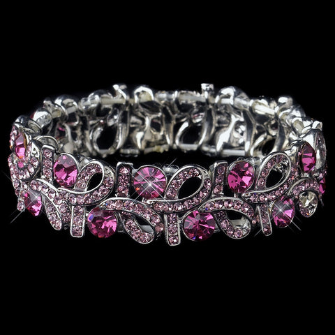 Silver Pink Ribbon Stretch Bridal Wedding Bracelet 967