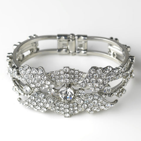 Rhinestone Flower Delight Pull Open Bangle Bridal Wedding Bracelet in Antique Silver 9675